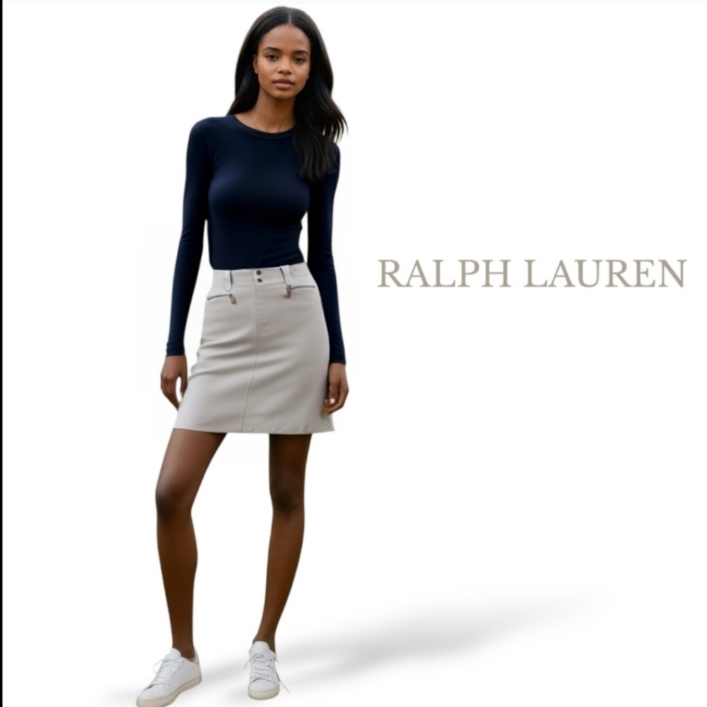 Lauren Ralph Lauren Leather Detail Safari Beige Skirt